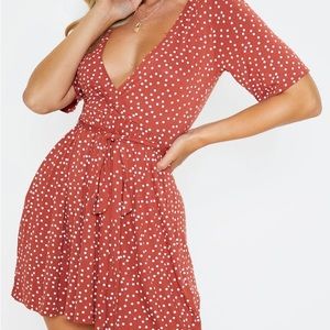 Terracotta polka dot print wrap tea dress